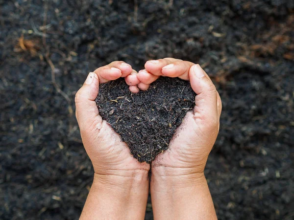 Eart day, save the earth, love concept. the woman hand holding a soil on ground blur background.