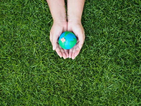 earth day. earth in hands and green grass field background. environment save earth concept.