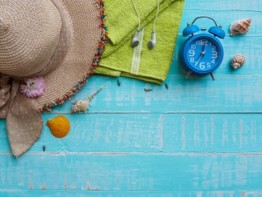 Plaj aksesuarları, Güneş kremi de dahil olmak üzere Mavi şapka beach, kabuk ve retro kamera önünde parlak pastel ahşap arka plan için yaz tatil ve tatil kavramı.