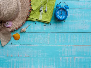 Plaj aksesuarları, Güneş kremi de dahil olmak üzere Mavi şapka beach, kabuk ve retro kamera önünde parlak pastel ahşap arka plan için yaz tatil ve tatil kavramı.