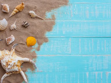Şapka beach, kabuk, kum parlak dahil plaj aksesuarları pastel ahşap arka plan için yaz tatil ve tatil kavramı mavi.
