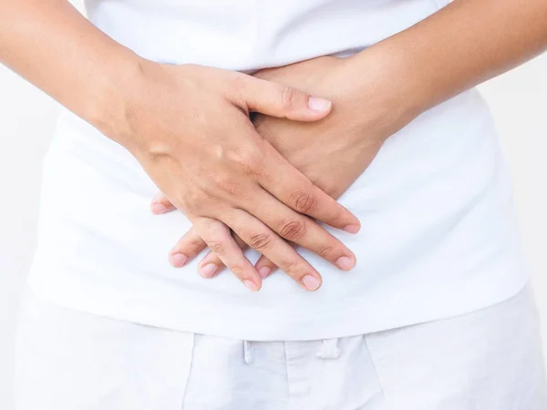 Mooie Jongedame Met Pijnlijke Buikpijn Witte Achtergrond Chronische Gastritis Buik — Stockfoto
