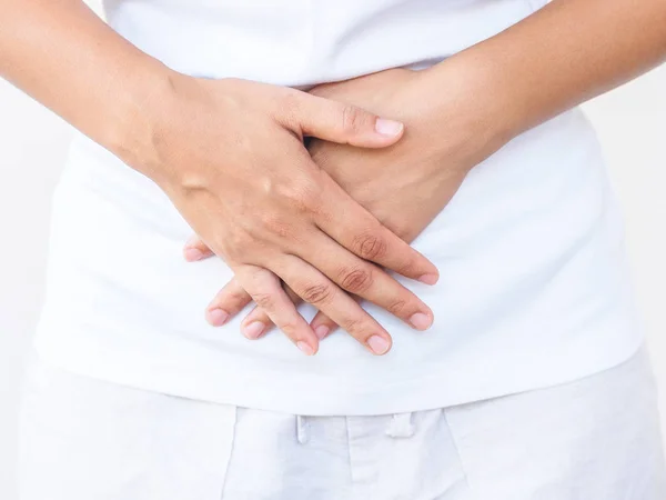 Ung Vacker Kvinna Med Smärtsamma Magont Vit Bakgrund Kronisk Gastrit — Stockfoto