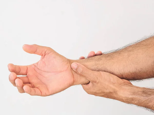 Ongelukkige Man Die Lijden Aan Pijn Hand Witte Achtergrond Gezondheidszorg — Stockfoto