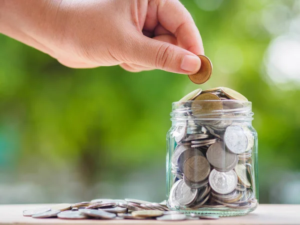 Woman Hand Putting Money Coin Glass Jar Saving Money Saving — Stock Photo, Image