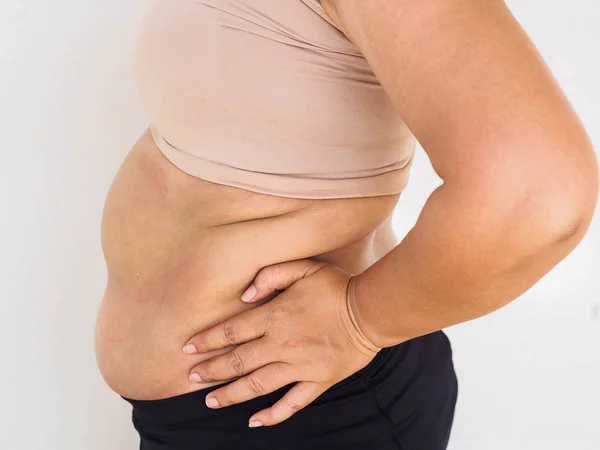 Hand Van Vrouw Met Haar Eigen Buik Vet Vrouw Dieet — Stockfoto