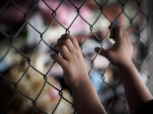 little girl hand holding on chain link fence for freedom, Human Rights Day, child labor, violence concept.