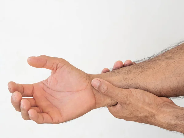 Olycklige Mannen Lider Smärta Handen Vit Bakgrund Hälso Och Sjukvård — Stockfoto