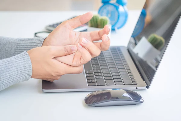 Closeup Woman Holding Her Hand Pain Using Computer Long Time — Stock Photo, Image