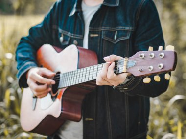 yakışıklı müzisyen çim sahası akustik gitar çalmak arka plan bulanıklık. Dünya müzik günü. müzik ve çalgı kavramı.
