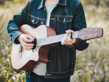 yakışıklı müzisyen çim sahası akustik gitar çalmak arka plan bulanıklık. Dünya müzik günü. müzik ve çalgı kavramı.