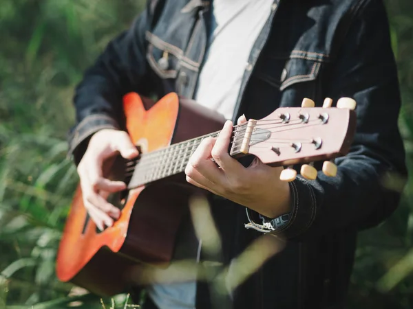Handsome Musician Playing Acoustic Guitar Grass Field Blur Background World — Stock Photo, Image