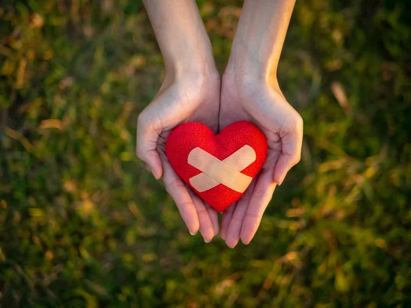 Vista Superior Joven Mano Mujer Sosteniendo Corazón Rojo Feliz Amor — Foto de Stock