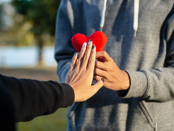 Donna Che Rifiuta Cuore Rosso Forma Uomo Cuore Spezzato Amore — Foto Stock