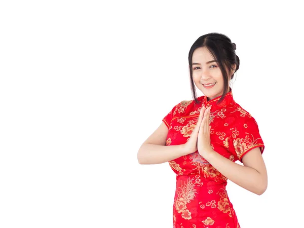 Mulher Asiática Vestido Chinês Tradicional Cheongsam Isolado Fundo Branco Conceito — Fotografia de Stock