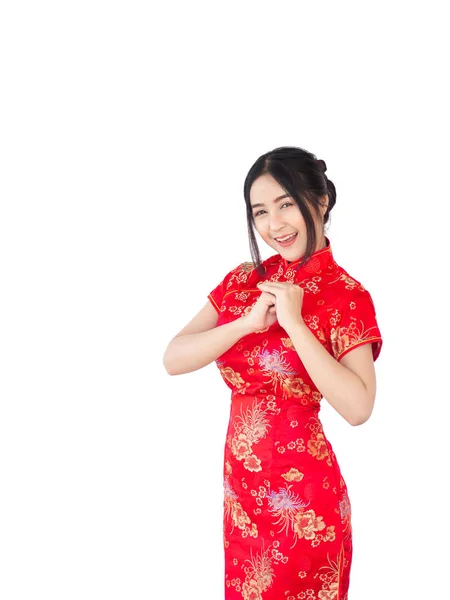 Donna Asiatica Abito Cinese Tradizionale Cheongsam Isolato Sfondo Bianco Capodanno — Foto Stock