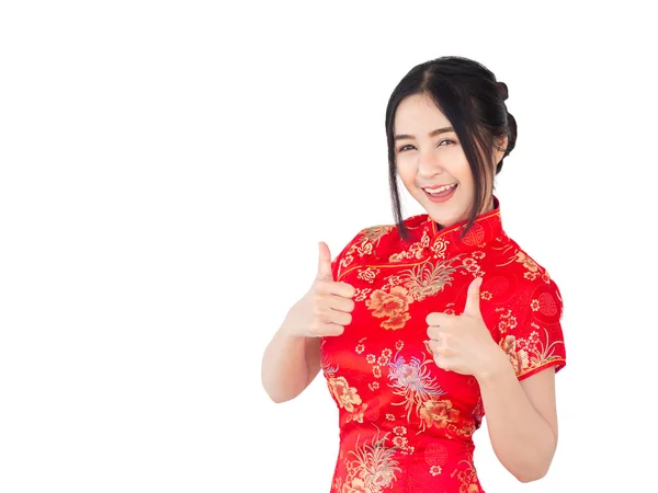 Donna Asiatica Abito Cinese Tradizionale Cheongsam Isolato Sfondo Bianco Capodanno — Foto Stock