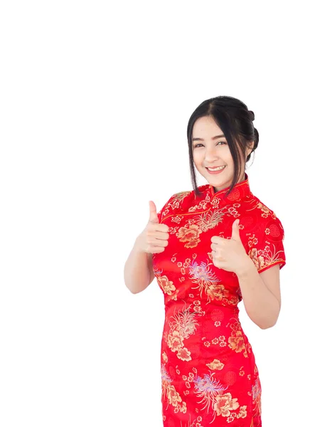 Donna Asiatica Abito Cinese Tradizionale Cheongsam Isolato Sfondo Bianco Capodanno — Foto Stock