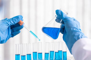 Bilim insanları kimyasal bileşimin ve biyolojik kütlesinin bilimsel bir laboratuvarda, bilim adamlarında ve laboratuar konseptinde tespit edilmesine hazırlanmak için mavi kimyasal test tüpleri taşıyorlar..