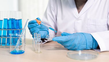 Bilim insanları kimyasal bileşimin ve biyolojik kütlesinin bilimsel bir laboratuvarda, bilim adamlarında ve laboratuar konseptinde tespit edilmesine hazırlanmak için mavi kimyasal test tüpleri taşıyorlar..