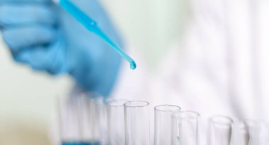 Bilim insanları kimyasal bileşimin ve biyolojik kütlesinin bilimsel bir laboratuvarda, bilim adamlarında ve laboratuar konseptinde tespit edilmesine hazırlanmak için mavi kimyasal test tüpleri taşıyorlar..