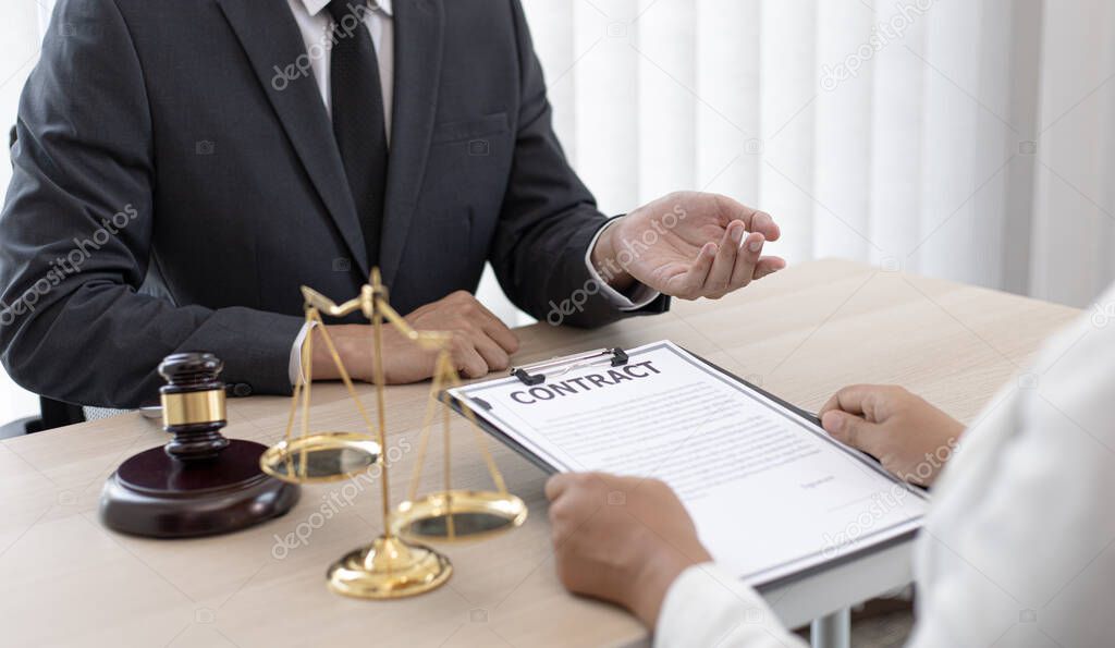 Attorneys or consultants work in the courtroom and negotiate with clients or complainants who want justice in corporate fraud cases, Litigation and justice concept.