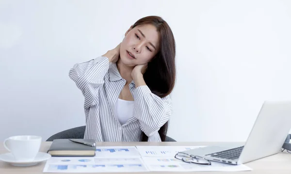 Asian Female Employee Resting Her Hard Work Overtime Late Office — Stock Photo, Image