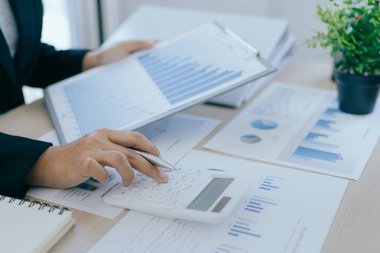 Muhasebe işadamları, şirketin ilerlemesi ve büyümesine, mali ve vergi sistemleri kavramına adanmış gelir-gider hesapları ve emlak yatırım verilerini analiz ediyorlar..