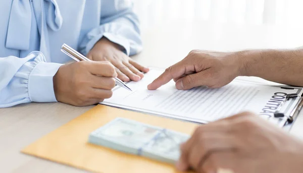 Businessmen Give Money Dollar Bribe Employees Sign Consent Documents Illegal — Stock Photo, Image