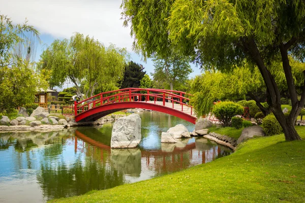 Beautiful red bridge under pond in japanese garden in La Serena, Chile