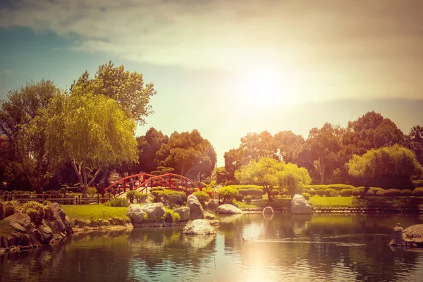 Belo Jardim Japonês Com Ponte Vermelha Sob Lagoa Pôr Sol — Fotografia de Stock