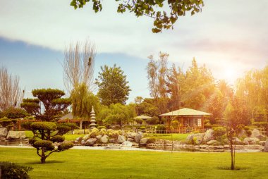 Şili, La Serena 'da günbatımında Japon bahçesi