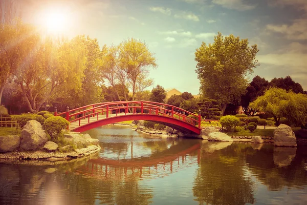 智利拉塞雷娜的日本花园 日落时分 湖面上有美丽的红桥和倒影 图库照片