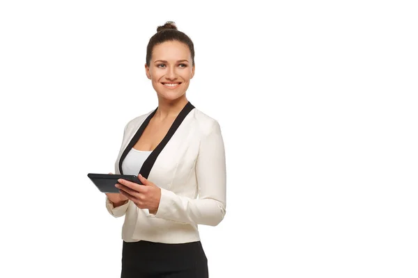 iş kadını onun elinde bir tablet ile