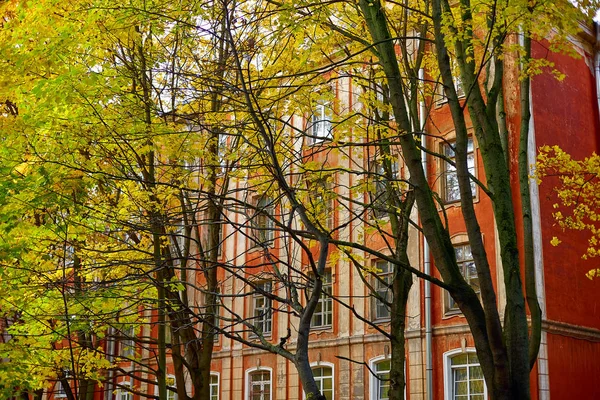 Régi Vörös Ház Parkban Fák Között — Stock Fotó