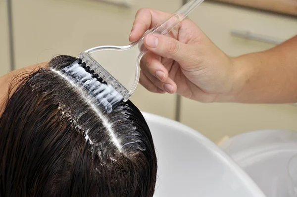 Hair coloring in salon. Stylist coloring hair in salon.