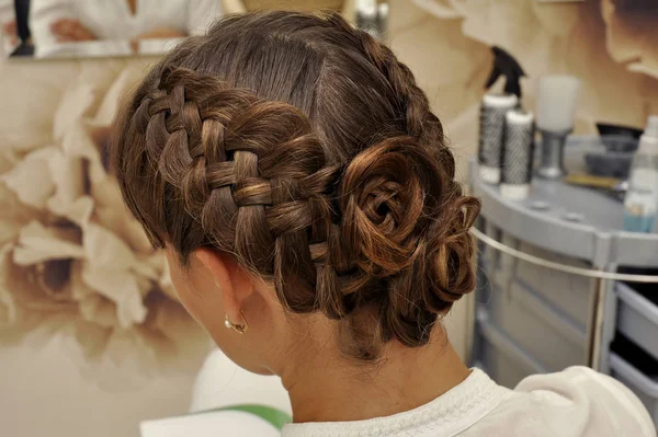 Beautiful wedding hairstyle. The bride\'s hairstyle in the beauty salon. Rear view.