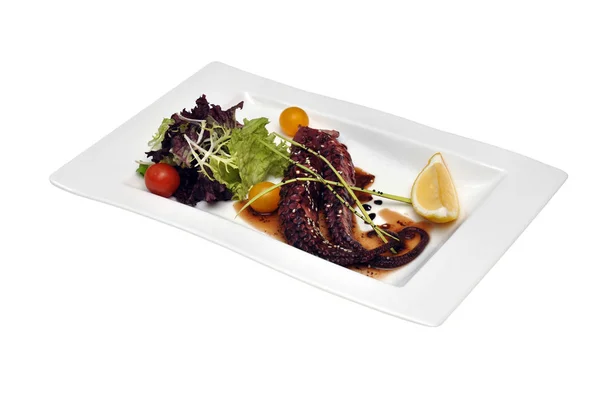 Dish Mediterranean Cuisine Octopus Sauce Lemon Salad Octopus Tentacles — Stock Photo, Image