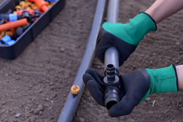 Erken ilkbaharda dikim için hazırlanmıştır. damla sulama için kırmızı saplı musluk. Damlama Sulama Sistemi Kapat. bir skein damla sulama için hortum. Diy damla sulama sistemi montajı