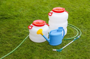 Plastic barrel, watering can, hose, summer clipart