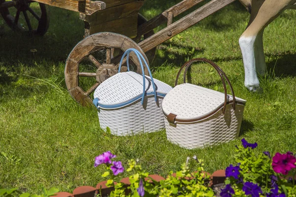 Picnic Basket Summer Dray Flowers Lawn — Stock Photo, Image