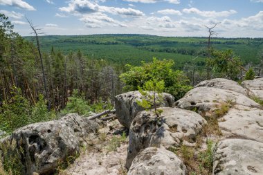 Büyük kaya ve kayaların arasında ormanda yürü.