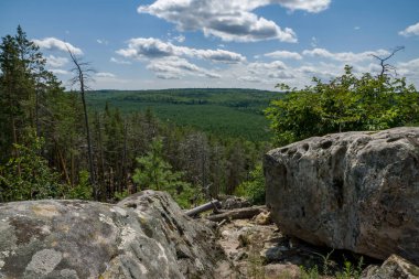 Büyük kaya ve kayaların arasında ormanda yürü.