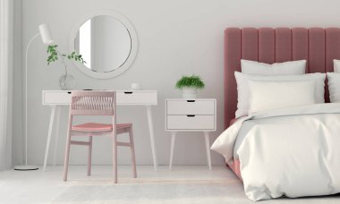 3D çizim. Beyaz yatak odası iç pembe yatak