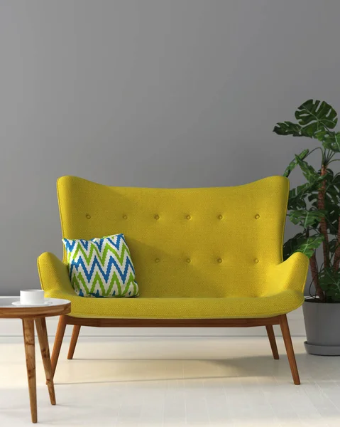 Illustration Interieur Mit Einem Gelben Sofa Vor Einer Grauen Wand — Stockfoto