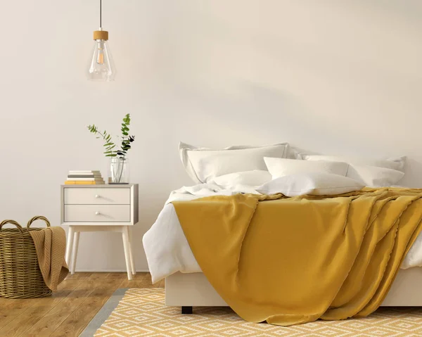 Απεικόνιση Εσωτερικό Του Ένα Φωτεινό Υπνοδωμάτιο Μια Κίτρινη Κουβέρτα Και — Φωτογραφία Αρχείου