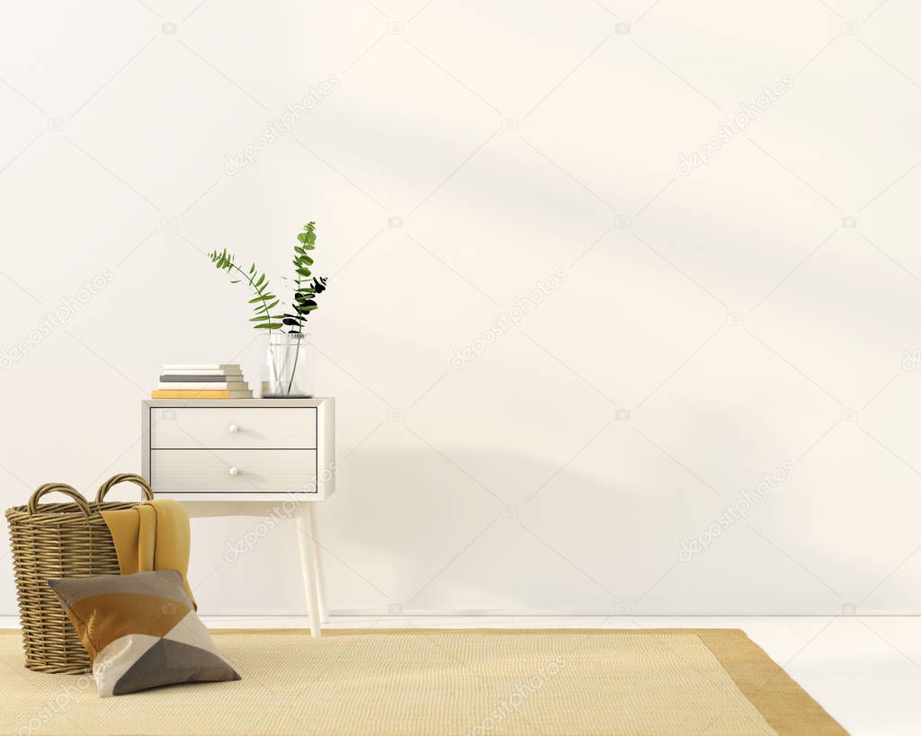 3D illustration. Interior mocap with white bedside table and yellow carpet on a white wall background