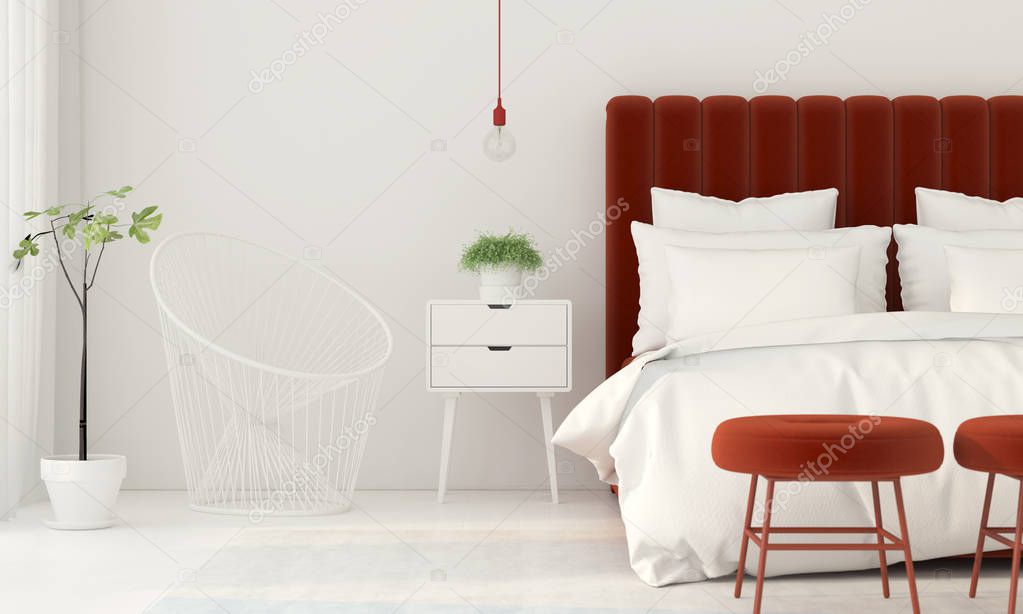 3D illustration. Interior of a white bedroom with a red bed and puffs