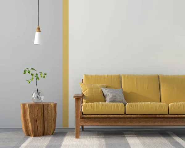 イラスト 黄色のソファー グレー内装とコンクリート床とインテリア — ストック写真