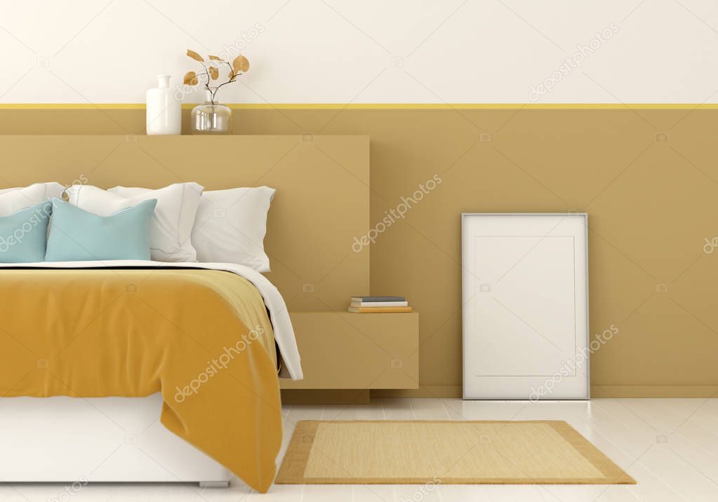 3D illustration. Interior mocap of a yellow bedroom with frame. Frame for picture size 60x90 cm and 50x70 cm with mount